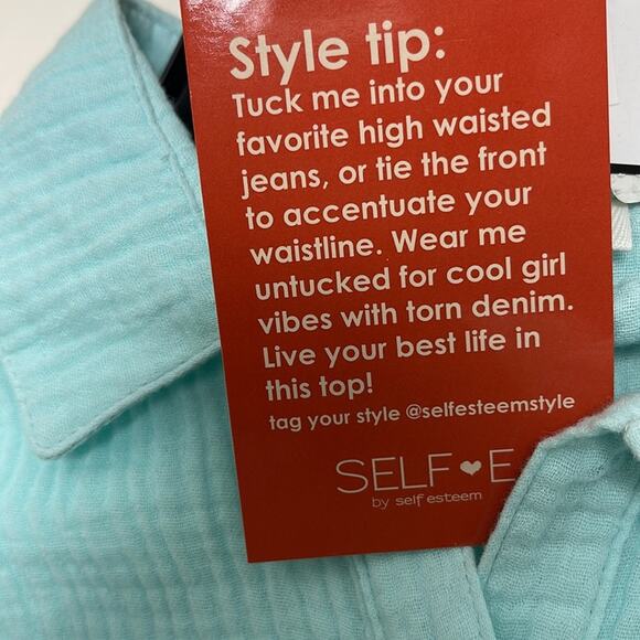 H). Self Esteem Button Down Shirt Short Roll Up Sleeve Teal Blue Medium - Picture 11 of 14